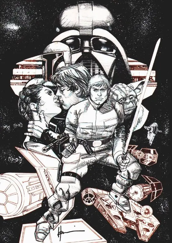 Illustration of Star Wars characters with spacecraft and Darth Vader's silhouette