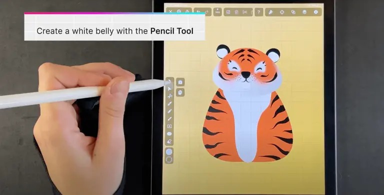 A screenshot of artist drawing a white belly on a tiger body in Vectornator