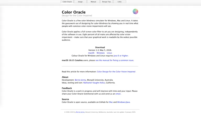 Webpage of Color Oracle, a color blindness simulator