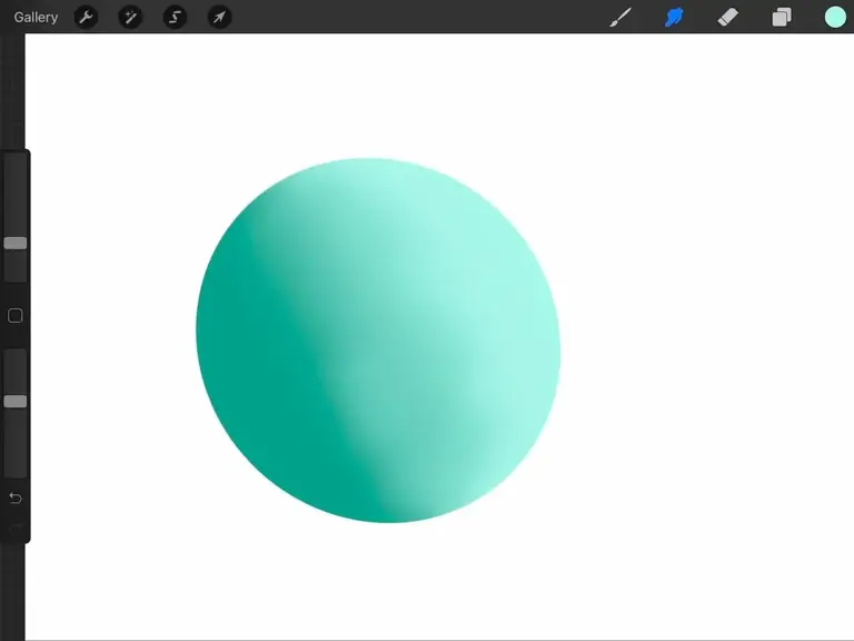 A turquoise sphere with shading on a digital drawing app interface
