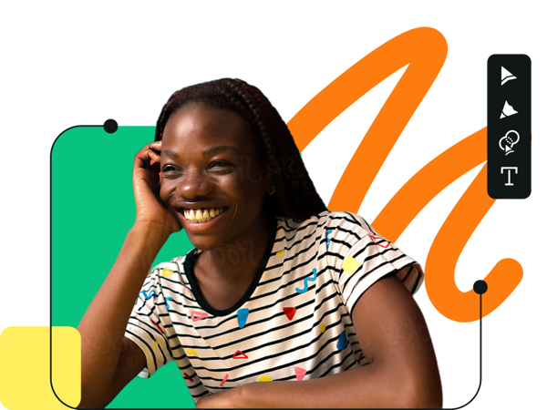Happy girl leaning with colourful shapes and pattern shirt