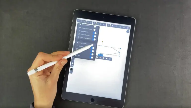 Stylus selecting an option on a tablet screen with a graphic interface