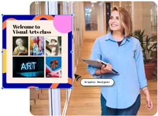 Teacher holding laptop and Image of the Visual Arts Class artwork