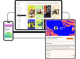 ipad, iphone and mac with colourful free marketing design tempaltes