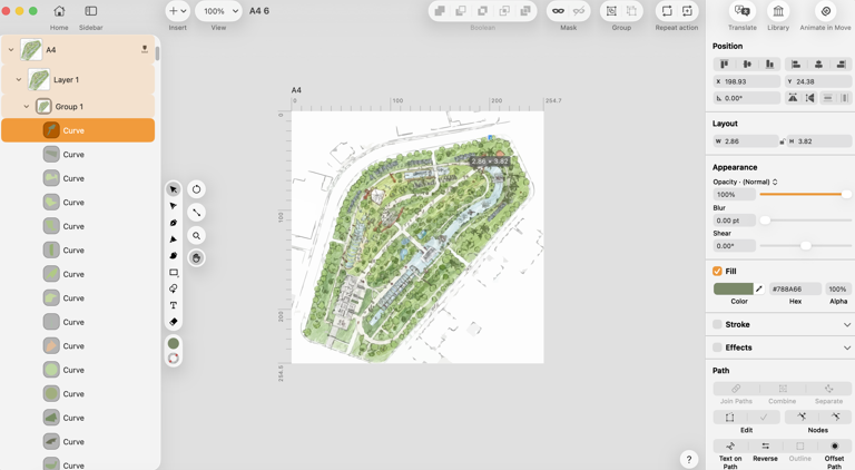 community garden layout map in Linearity Curve
