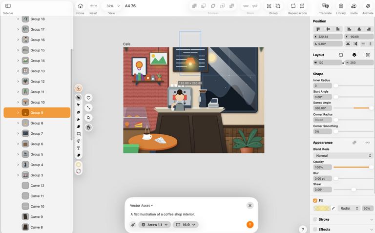 "A flat illustration of a coffee shop interior."