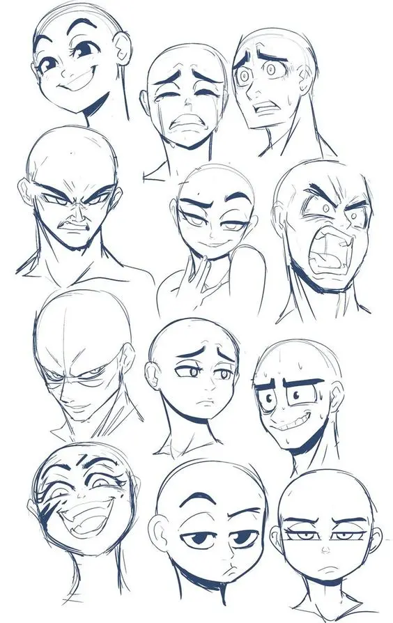 Sketches of various cartoon faces showing a range of emotions from happy to angry and sad