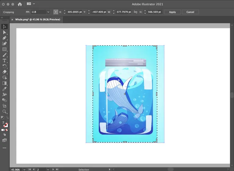 Design UI showing an artwork of a whale in a jar