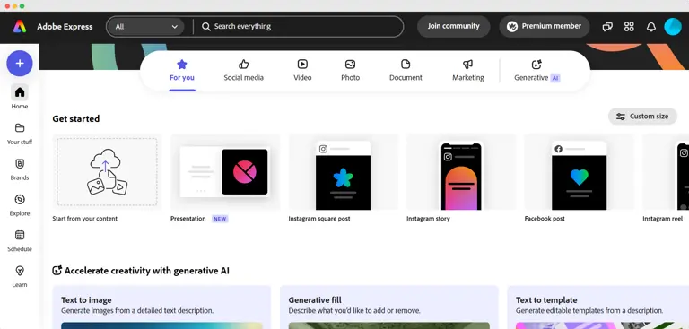 Screenshot of Adobe Express user interface showing template library and editing tools.
