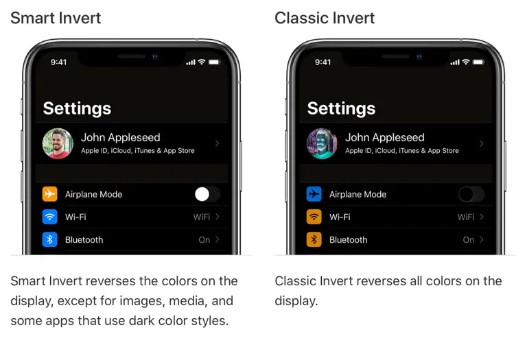 iPhones displaying Smart Invert and Classic Invert settings