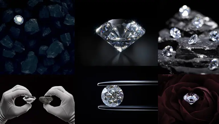 Collage of various diamonds in different settings and cuts