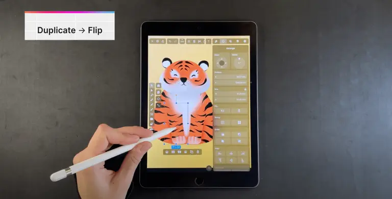 A screenshot of artist duplicating a tiger leg in Vectornator