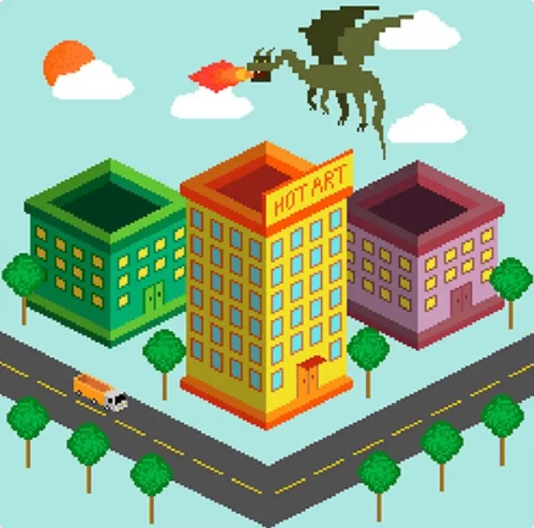 Isometric illustration of office buildings in 8-bit style