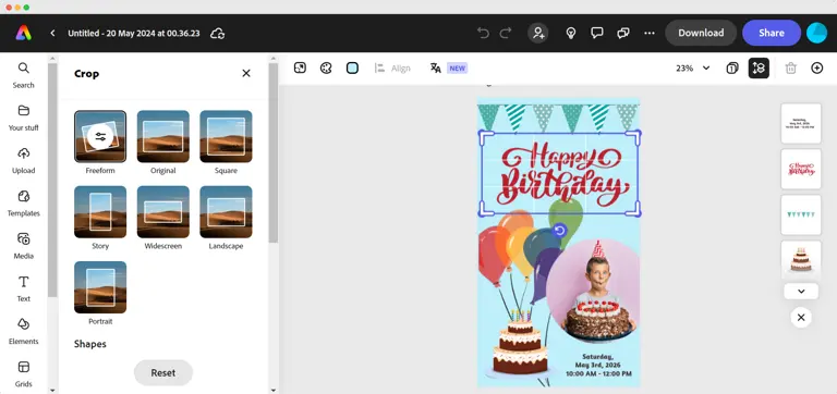 Screenshot of Adobe Express user interface showing template library and editing tools.