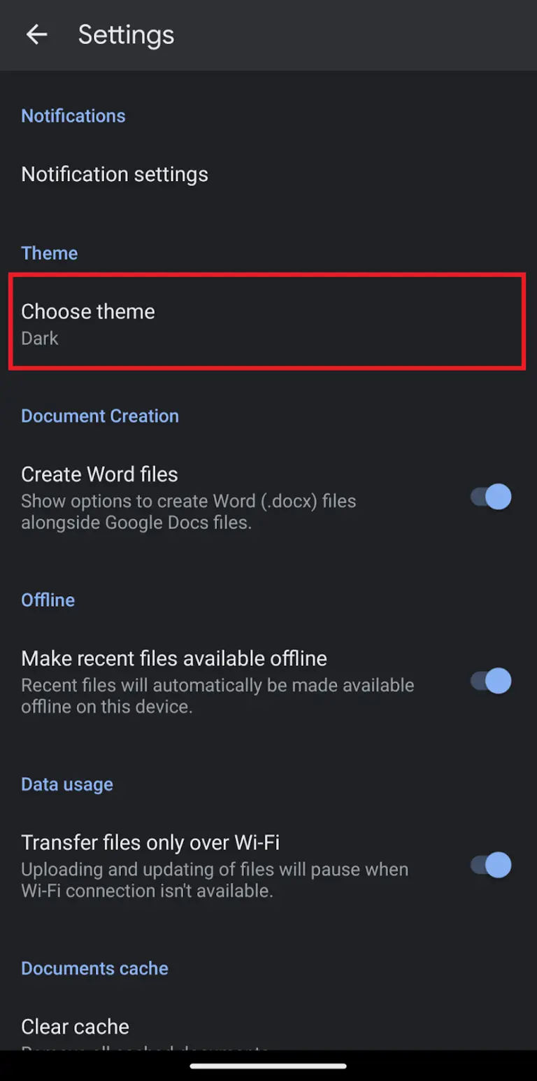 Turning on dark mode in Google Docs on Android