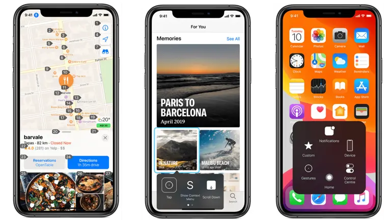 Three smartphones showing map, photo album, and home screen interfaces
