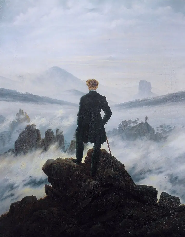 Painting of a man overlooking a misty landscape