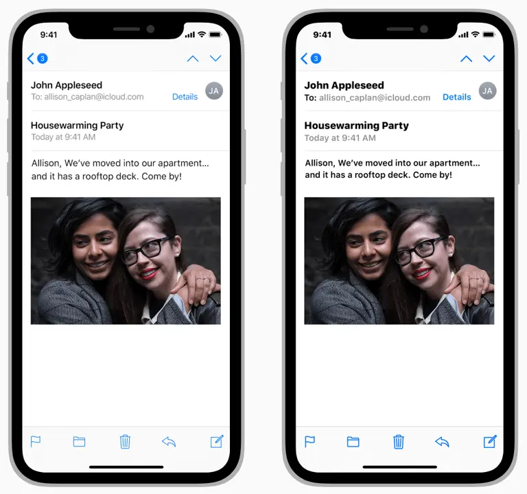 Two smartphones displaying an email with a photo attachment