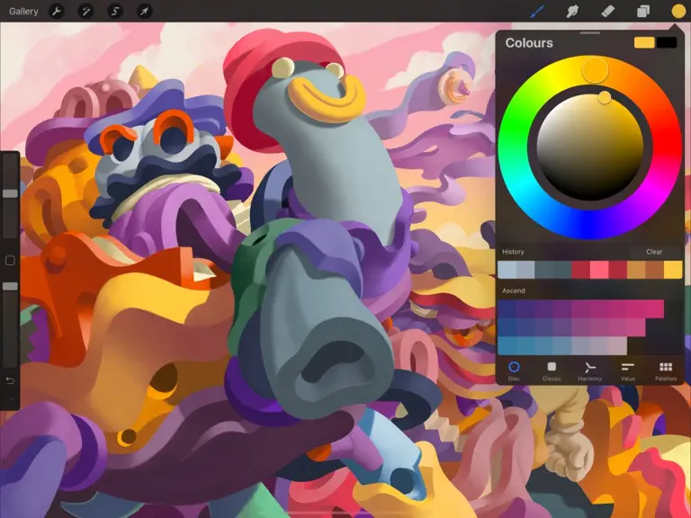 Colorful abstract digital painting with various swirling shapes and a color palette tool visible