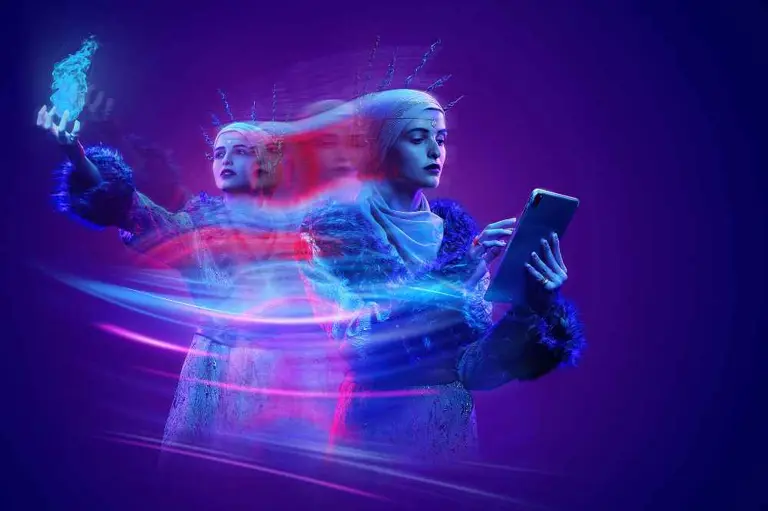 Purple image of woman using tablet