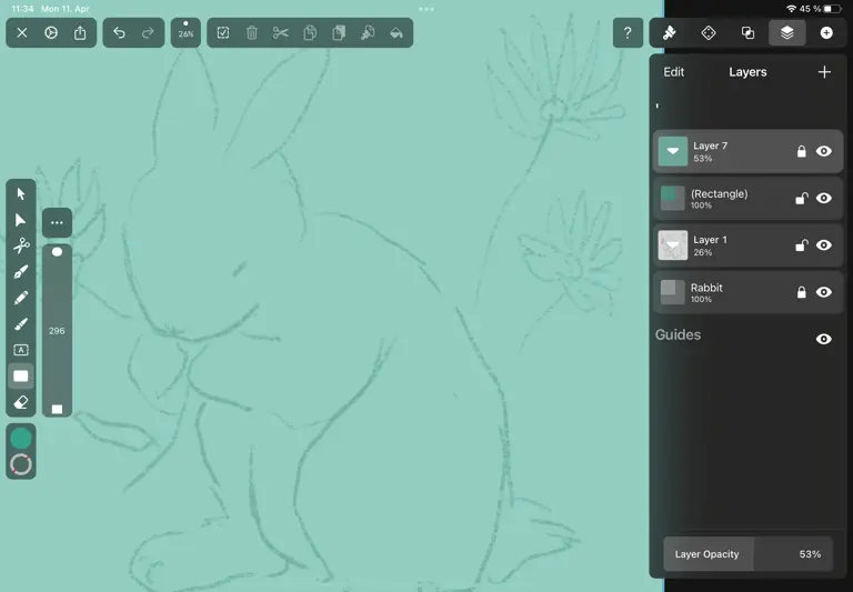 iPad interface with rabbit drawing and turquoise background