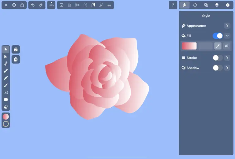 Digital drawing of a pink rose with graphic design tools visible