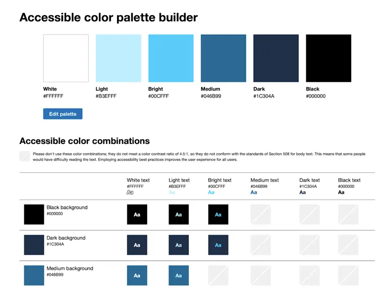Webpage snapshot of an accessible color palette builder with color contrast examples