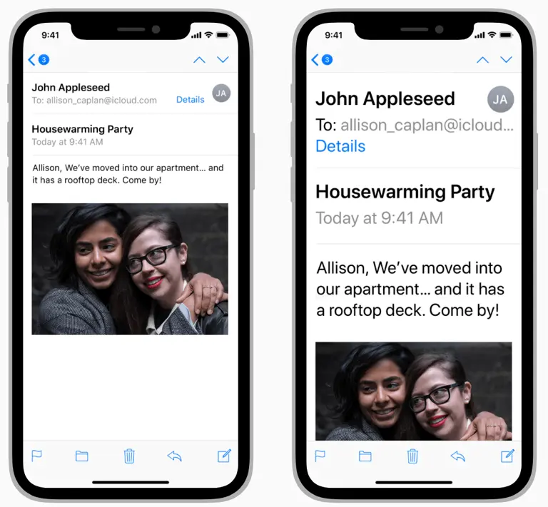 Two smartphones showing an email invitation to a housewarming party