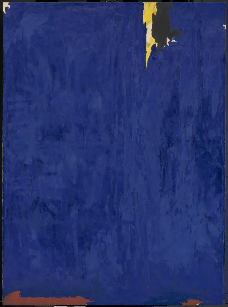 Abstract painting with a dominant blue field