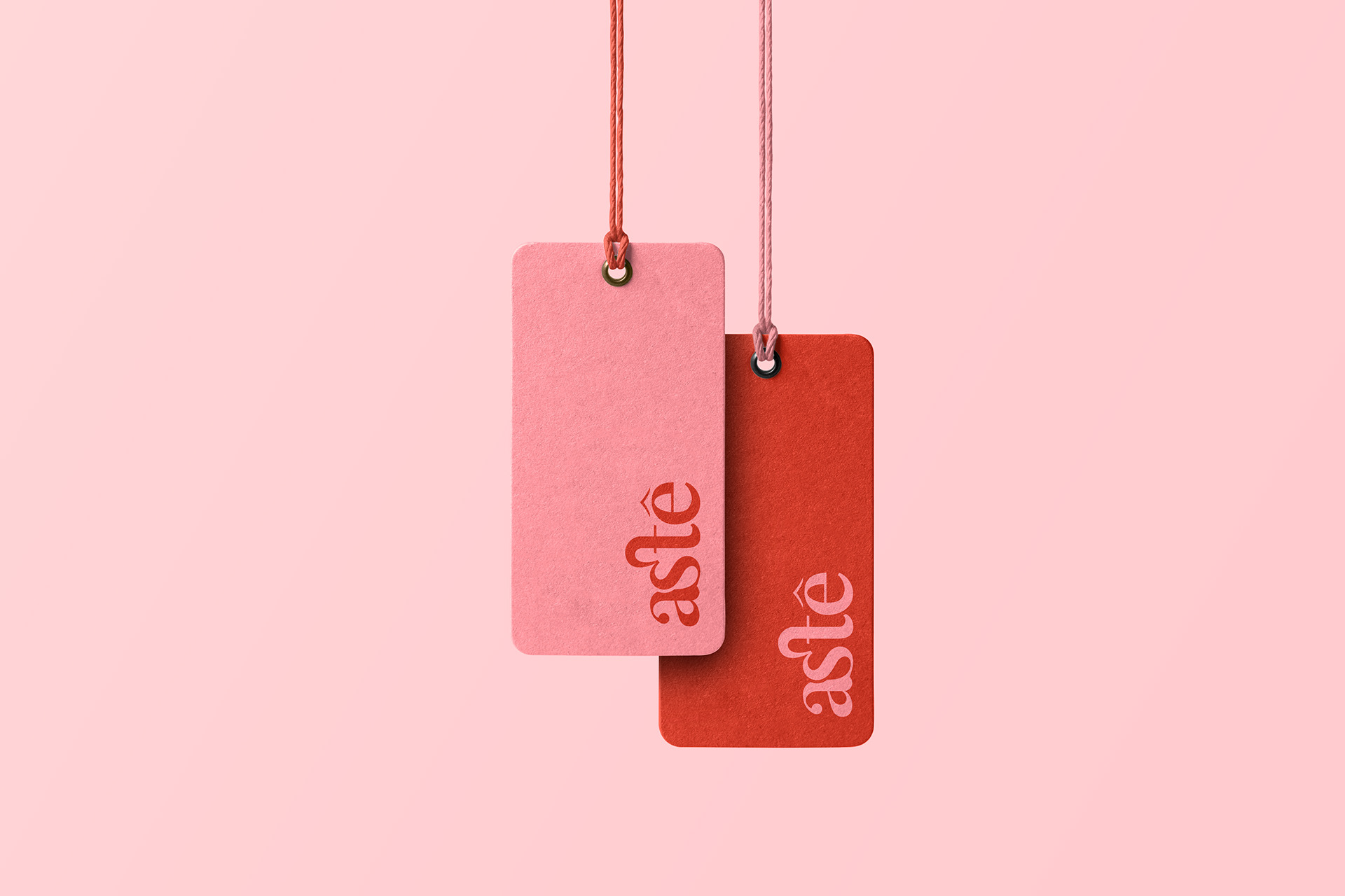 Two hanging price tags with branding on a pink background