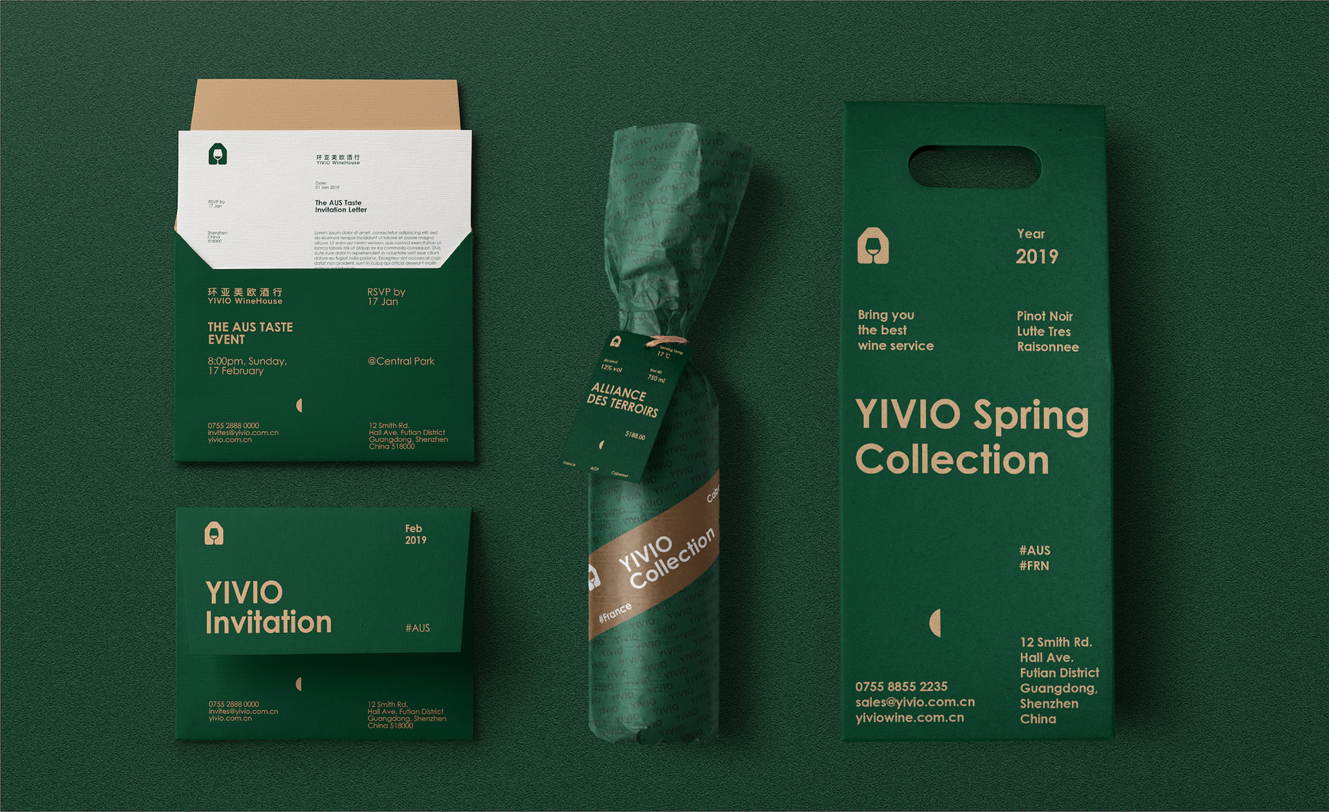 Elegant green and gold wine branding and packaging set