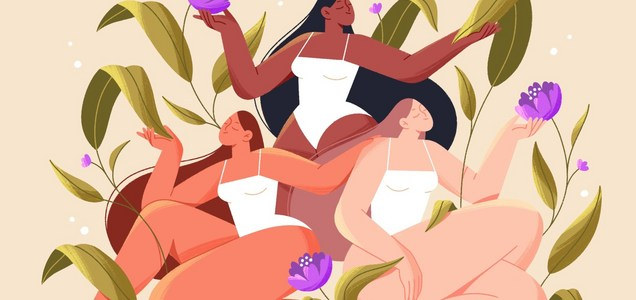 Illustration of diverse women with flowers, celebrating body positivity.