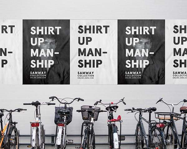 Posters of SAMWAY COLLECTION with "SHIRT UP MAN-SHIP" slogan above bicycles.