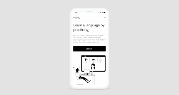 Smartphone displaying language learning app "Talky" with "Learn a language by practicing" text.