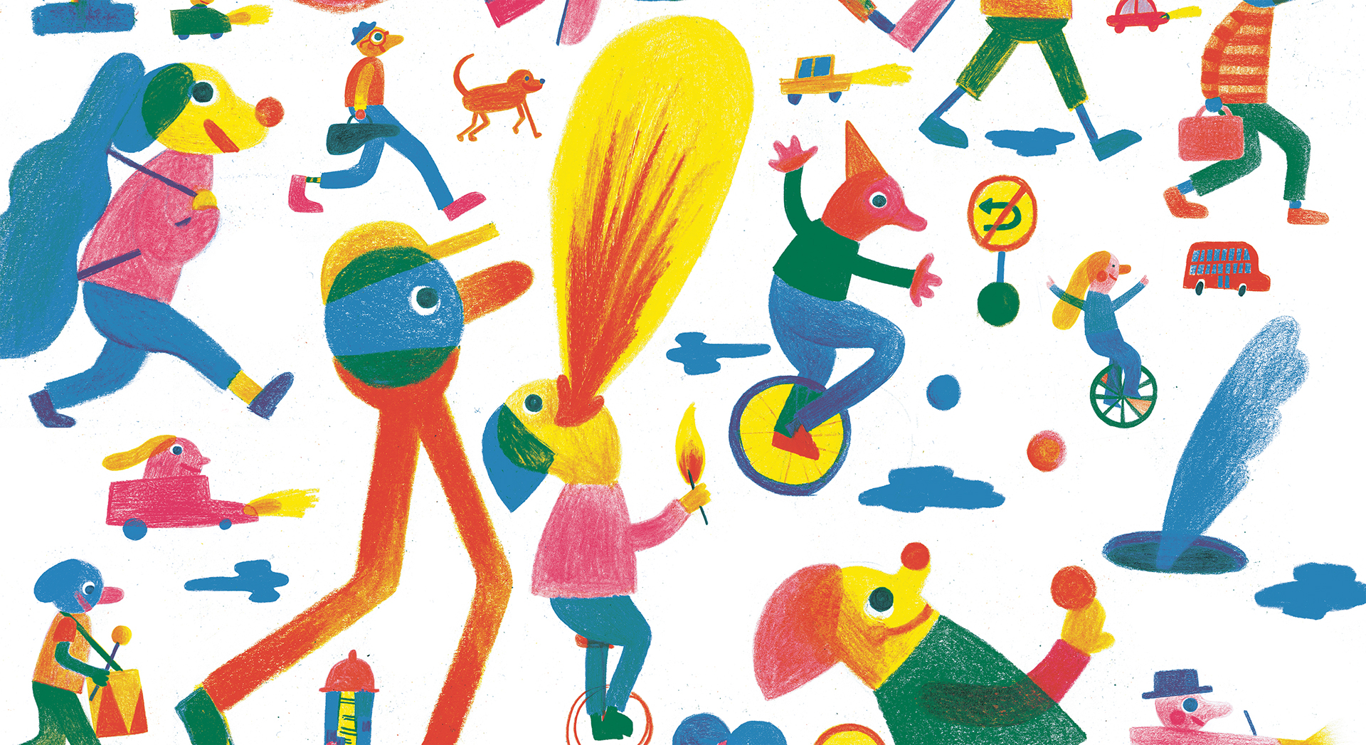 A whimsical illustration with colorful, animated figures and objects.