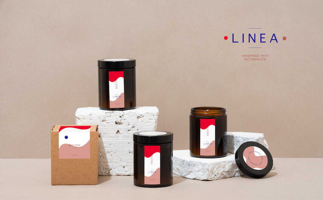 Product display with candles and packaging labeled LINEA.
