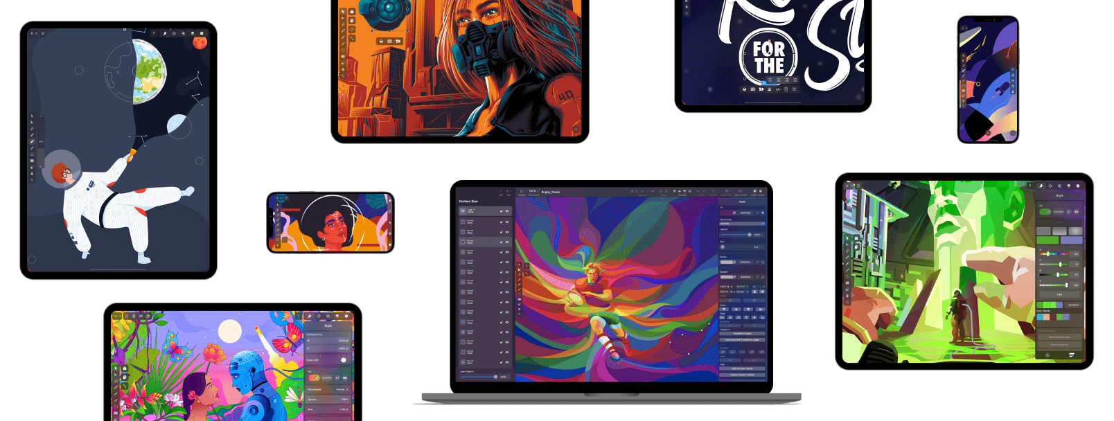  A variety of devices displaying colorful digital illustrations