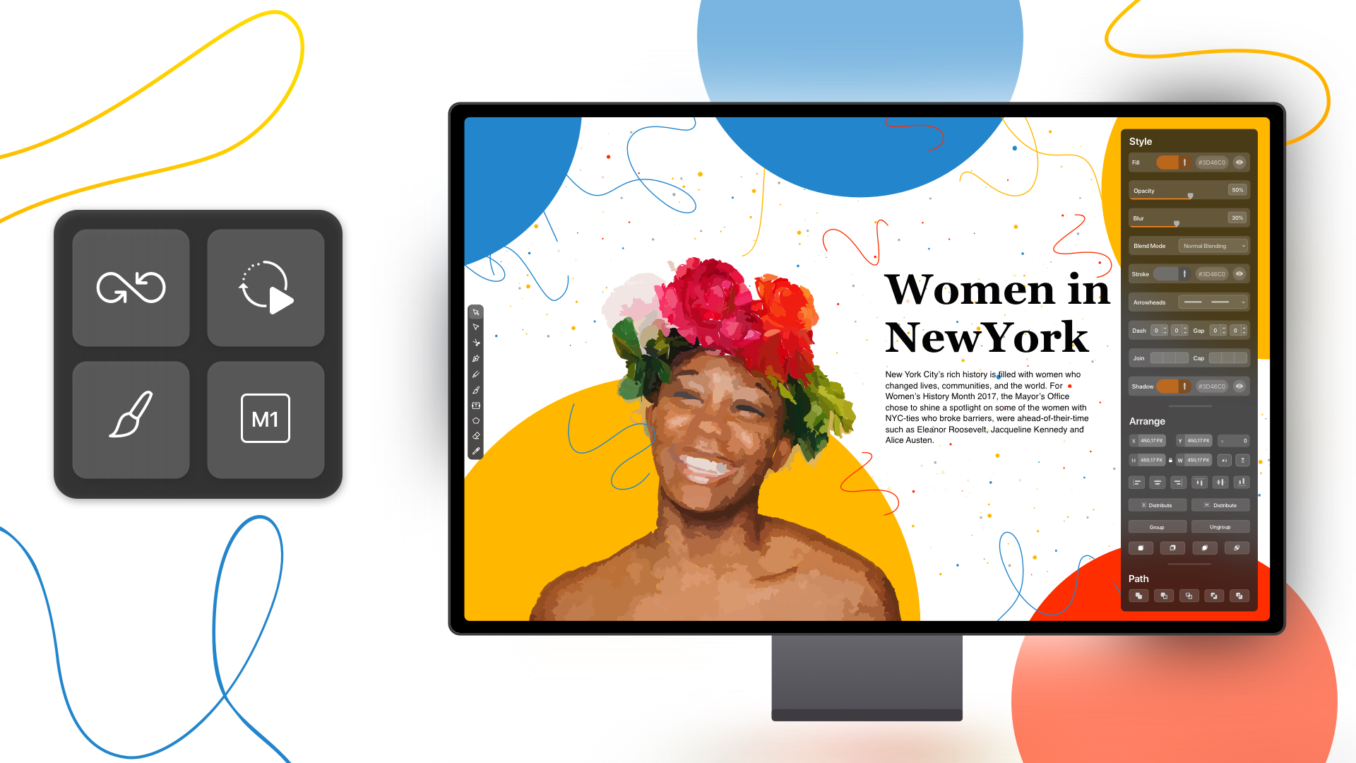 Smiling woman with floral crown on a graphic design interface