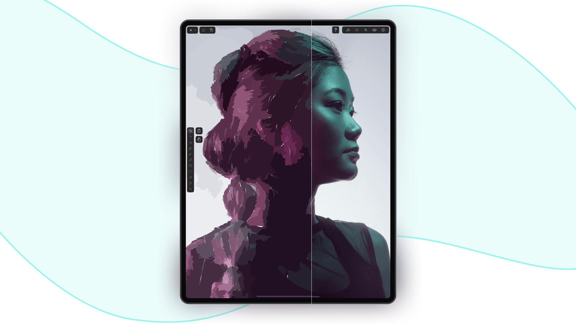 Digital tablet displaying a stylized portrait of a woman in profile