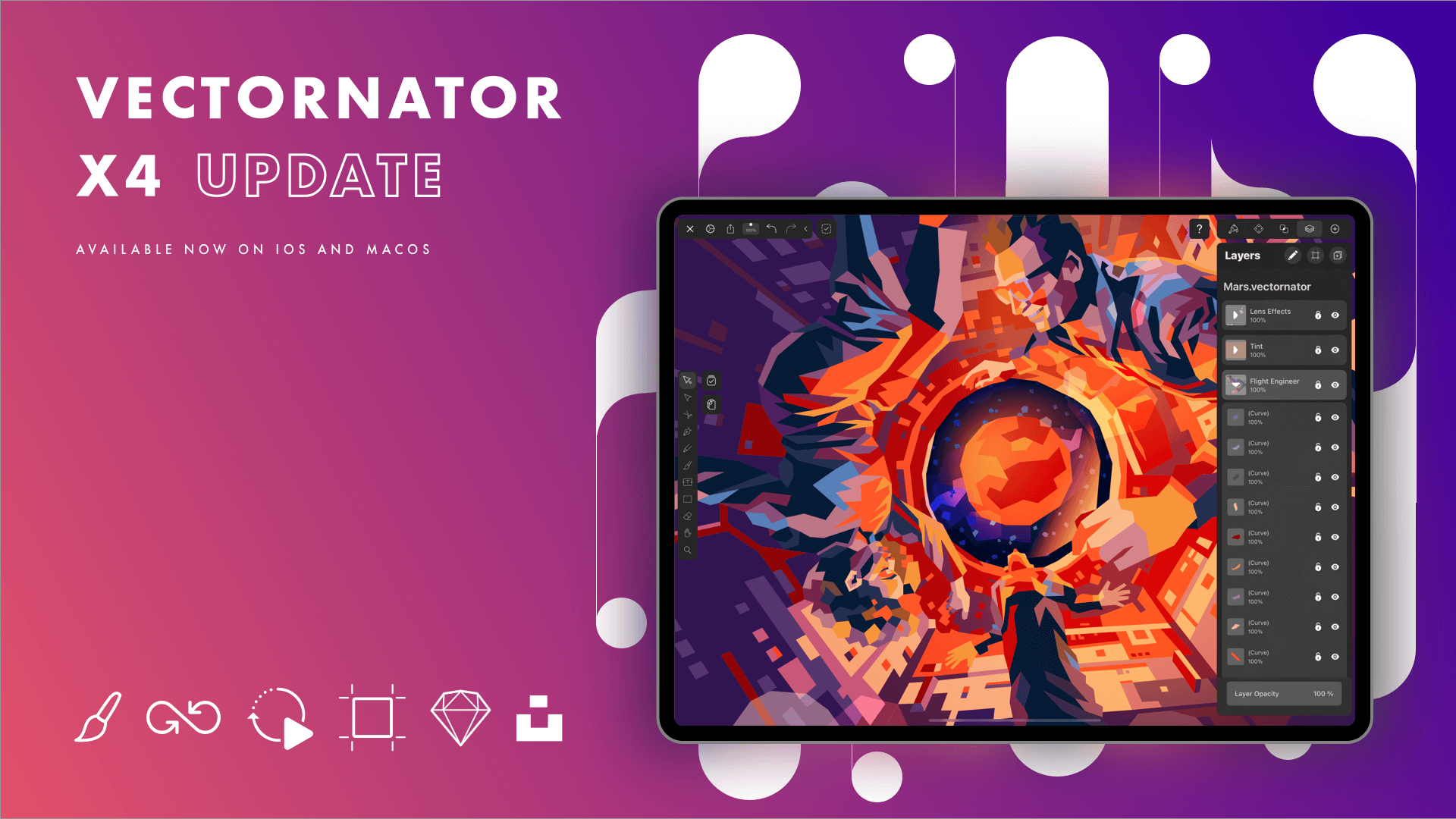 Ad for Vectornator X4 update on a tablet showcasing graphic design software