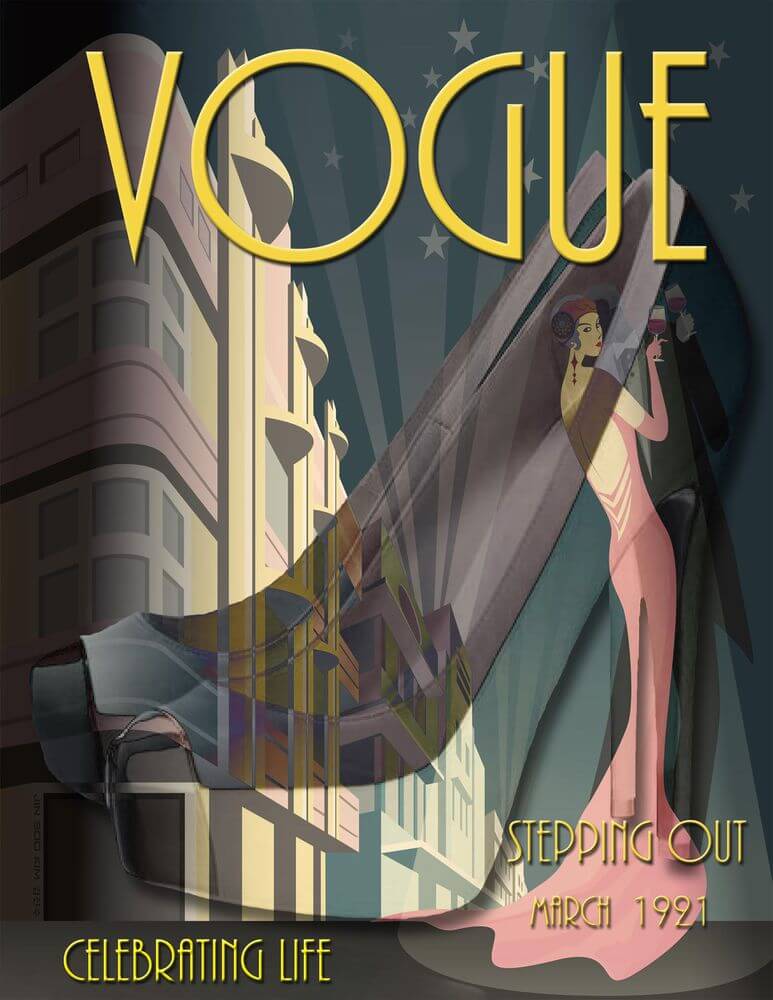 Art Deco Vogue cover, woman in a long pink gown drinking wine.