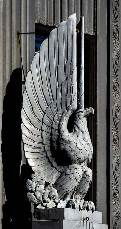 Majestic Art Deco eagle statue at the entrance of the First Merit Tower in Akron, Ohio.