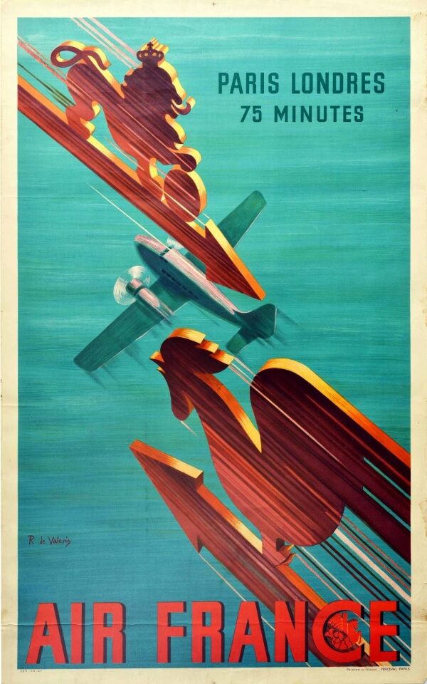 Art deco Air France poster, plan flying under a pair of wind vane arms.
