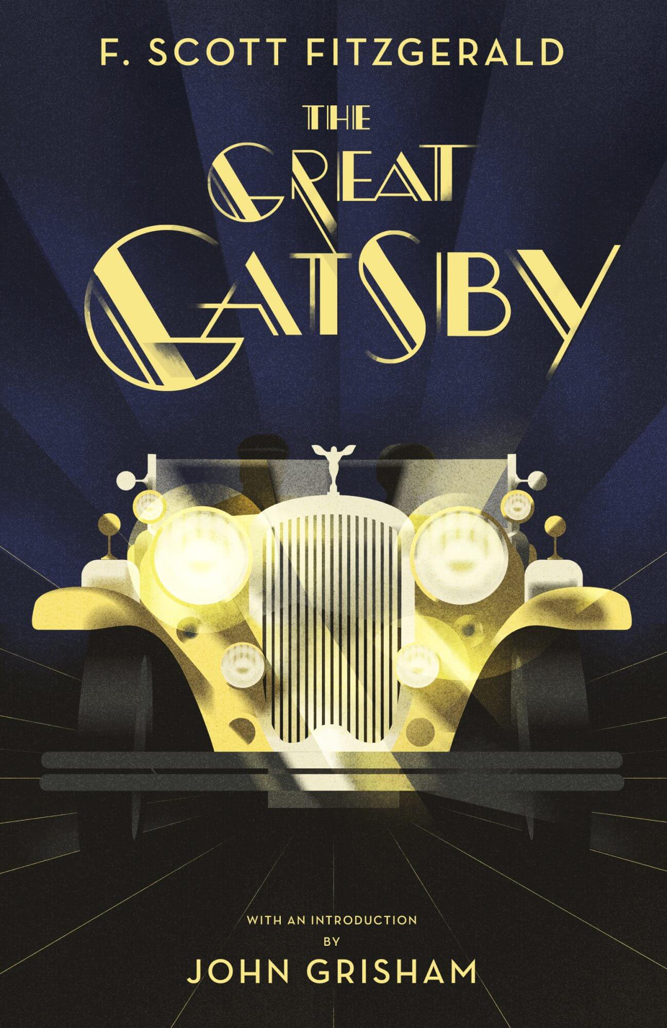Cover of "The Great Gatsby" with vintage car illustration.