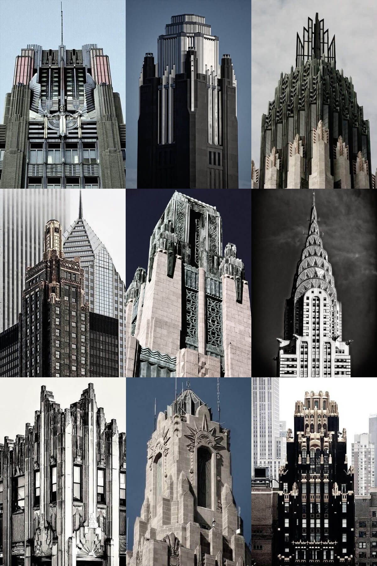 Collage of Art Deco skyscrapers.