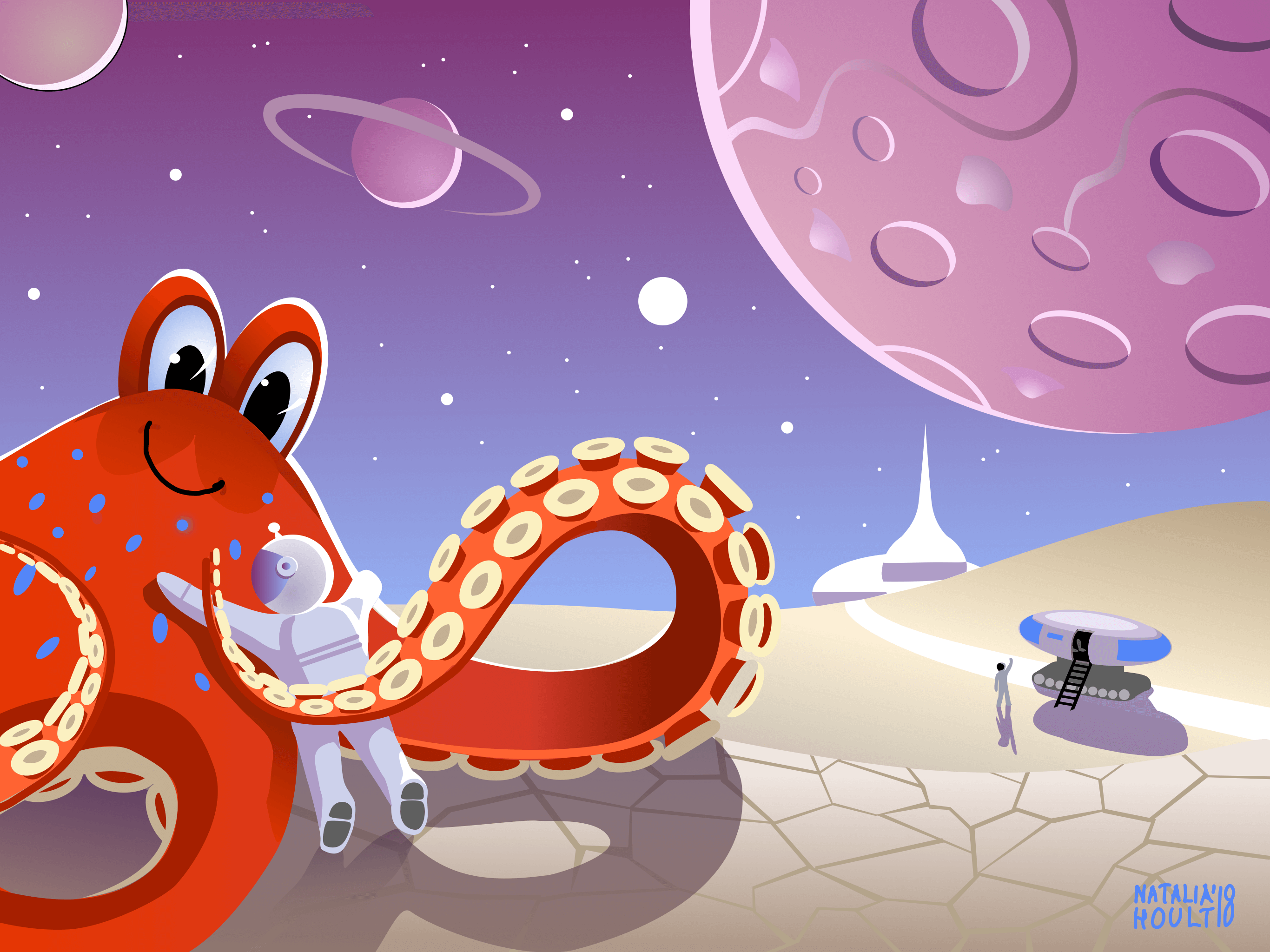 Cheerful cartoon octopus interacting with an astronaut on an extraterrestrial surface