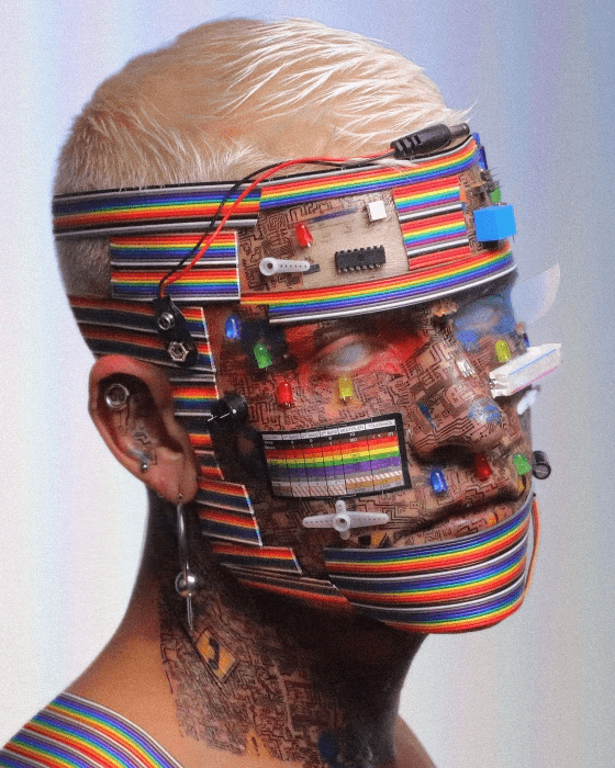 Young man with his face covered in stickers, plastic and various other items