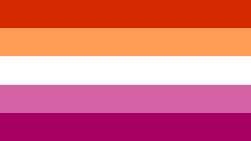 Five horizontal stripes in dark orange, light orange, white, pale and dark pink. 