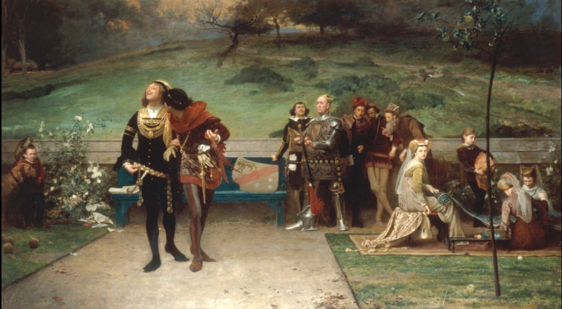 Two men flirting in front of a royal court