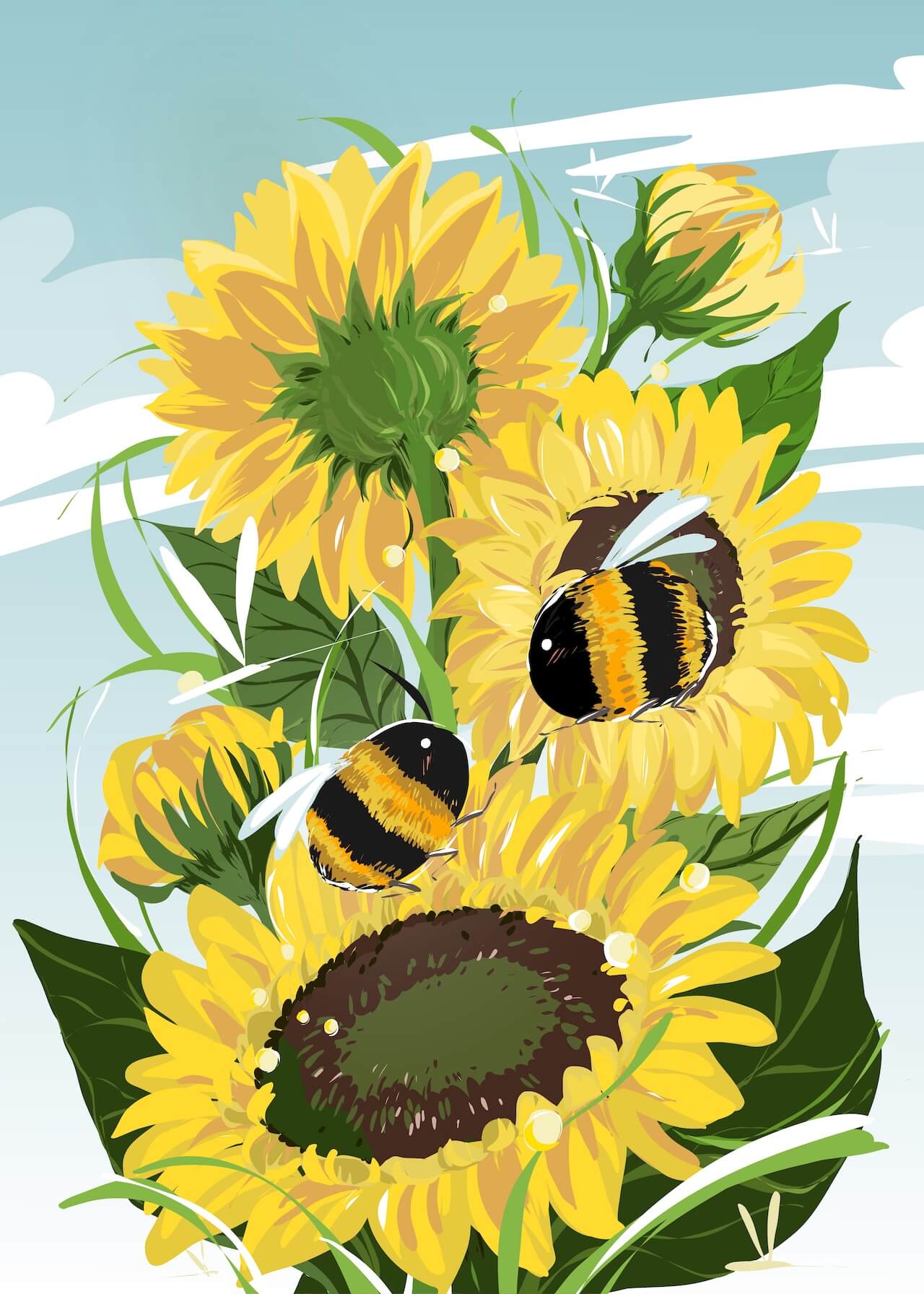 Bright sunflowers with bees on a light blue sky background